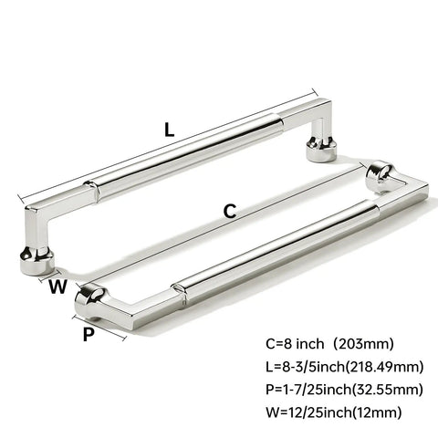 2-Pack 8-Inch Polished Nickel Cabinet Pulls Heavy-Duty Solid Handles, 12mm diameter, 32mm projection, with measurements labeled.