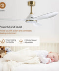 52 Inch Modern Ceiling Fan With Slick White And Gold Trim Hosting A Heavy Duty DC Motor That Pushes Sweet Cooling Airflow Quick While Delivering Zero Hassle Remote Operation Plus Soft Led Glow, shown above a sleeping baby.