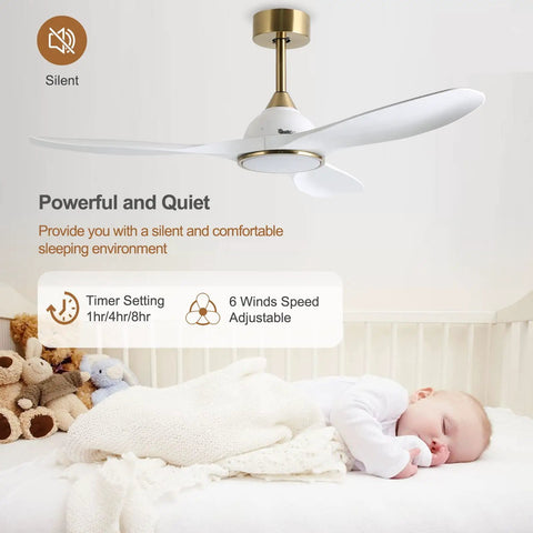 52 Inch Modern Ceiling Fan With Slick White And Gold Trim Hosting A Heavy Duty DC Motor That Pushes Sweet Cooling Airflow Quick While Delivering Zero Hassle Remote Operation Plus Soft Led Glow, shown above a sleeping baby.