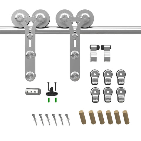 Six Foot Sliding Barn Door Hardware Kit With Stainless Steel Track For A Single Door Ultra Smooth And Quiet Operation Fits 36 Inch Panels Y Shape Hangers Supports Up To 220 Lbs Includes Track Hangers Rollers Connector components