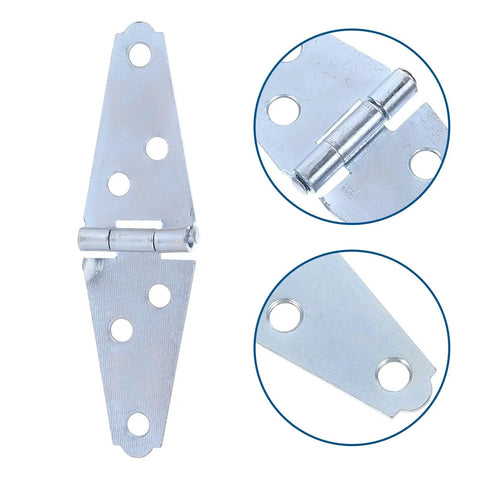 Six Piece Heavy Duty Four Inch Iron Strap Hinges With Pre Drilled Mounting Holes Built Tough For Barn And Shed Doors That Swing Like Butter And Mount Instantly close-up view of metallic hinge with drilled holes.