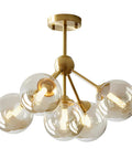 5 Light Amber Glass Globe Chandelier With Brass Gold Finish, Semi Flush Mount Ceiling Light in Mid Century Modern Style