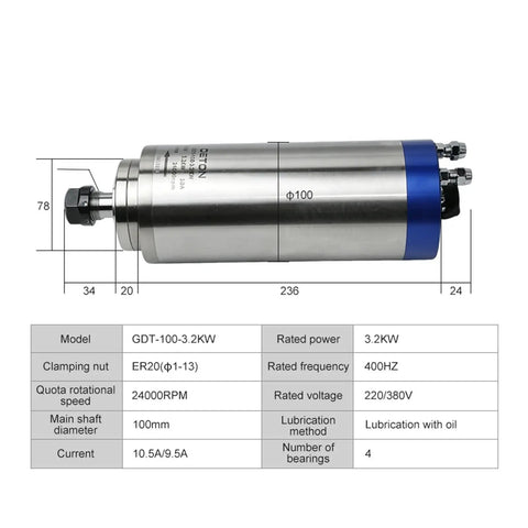Pro Shop 2.2KW Round Water Cooled Spindle Motor Paired With 400Hertz Vfd Inverter For 220Volt Cnc Routers And Mills Delivers Rock Solid Cutting Power, detailed view of spindle motor specifications.
