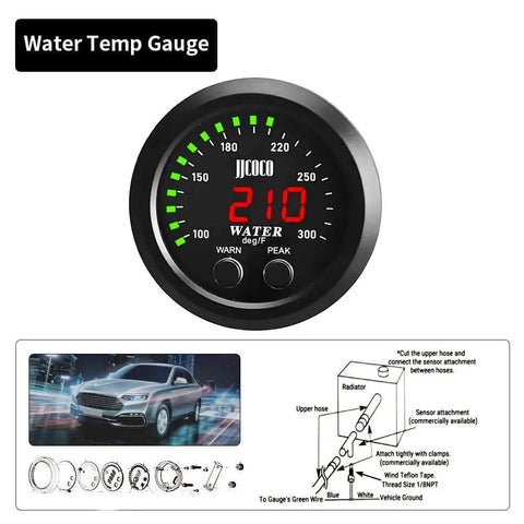 52mm Digital Water Temperature Gauge With Alarm for Cars, Trucks and Boats, 1/8 NPT Sensor, 12V/24V DC Power, Red Display With Green Ambient Light, 100-300F (38-150C), Plug and Play Ultra Accurate Auto Gauge