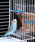 No Mess Premium Clear Acrylic Bird Cage Feeder Two Pack Featuring Sturdy Perch And Spill Proof Seed Hopper A True Zero Hassle Setup For Lovebirds And Finches with perch and seed hopper in birdcage.