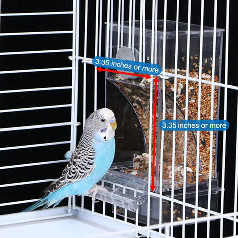 No Mess Premium Clear Acrylic Bird Cage Feeder Two Pack Featuring Sturdy Perch And Spill Proof Seed Hopper A True Zero Hassle Setup For Lovebirds And Finches with perch and seed hopper in birdcage.