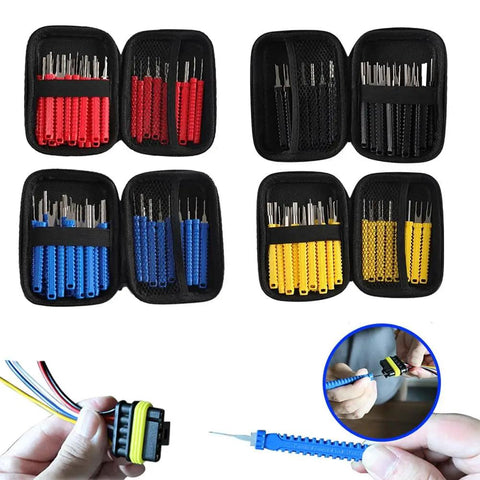 30 Piece Terminal Removal Tool Kit With Stainless Steel Extractors in red, blue, yellow cases for wire harness repairs
