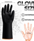 Six Pair Black Industrial Rubber Gloves 14 Inch Large Chemical Acid Oil Alkali Resistant Heavy Duty Waterproof Hand Shields displayed with size measurements.