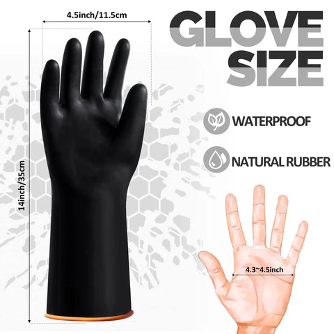 Six Pair Black Industrial Rubber Gloves 14 Inch Large Chemical Acid Oil Alkali Resistant Heavy Duty Waterproof Hand Shields displayed with size measurements.
