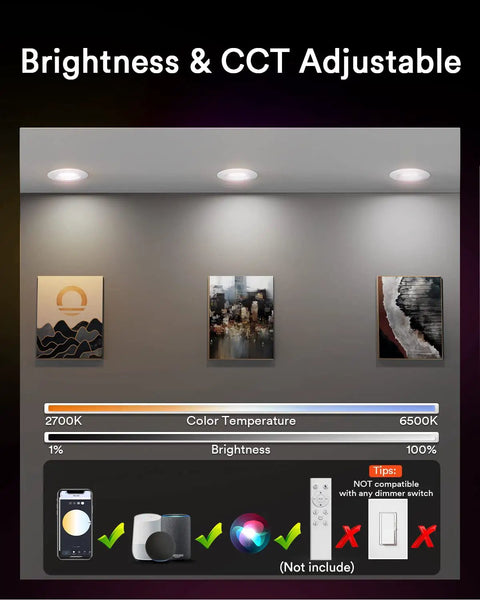 Brightness and CCT adjustable display of Four Pack 4 Inch LED Can Lights With WiFi, 9W 780 Lumen Color Changing Recessed Lighting
