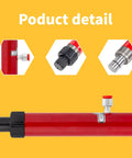 Red 10-ton hydraulic floor jack pump with black adjustment knob and chrome piston rod