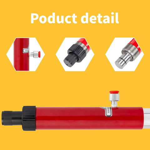 Red 10-ton hydraulic floor jack pump with black adjustment knob and chrome piston rod