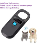 Black pet microchip scanner with OLED display, showing features like quick tag recognition; images of a cat and dog below.