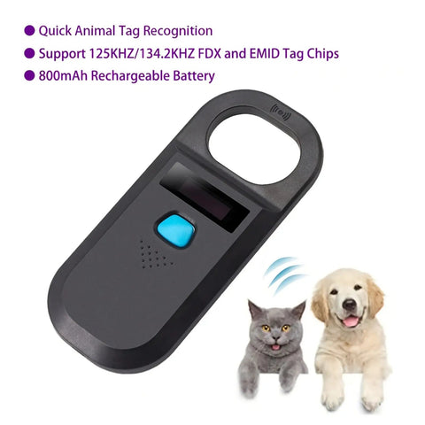 Black pet microchip scanner with OLED display, showing features like quick tag recognition; images of a cat and dog below.