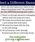 Instructions for customizing product name on Amazon with email steps and free customization note.