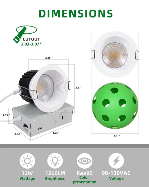 zouzai 3 Inch LED Recessed Lights Anti-Glare, 5CCT, Dimmable, White 4 Pack dimensions with cutout size and light features