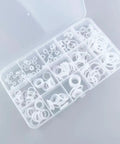 Clear box displaying Must Have 225 Piece Silicone O Ring Assortment Kit for automotive plumbing and faucet repairs with 15 different sizes.
