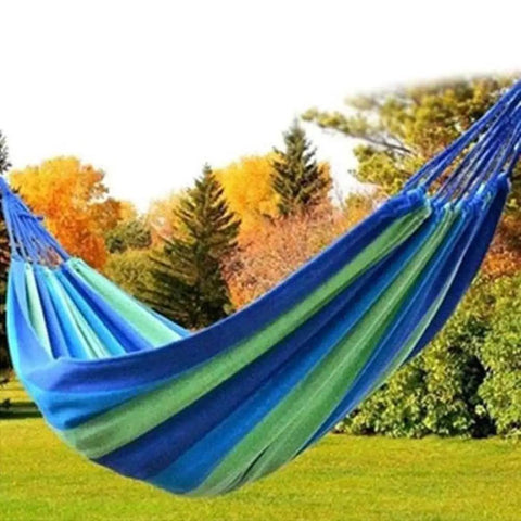 Colorful Cotton Hammock For Outdoors Portable Hanging Bed Hiking Friendly Single Person Garden Swing in blue stripe pattern