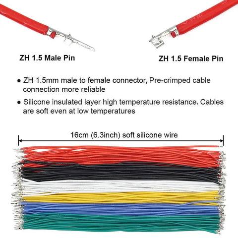 1.5mm JST Style Male And Female Connector Kit with 28 AWG silicone cables in six colors, 160mm length, close-up view.