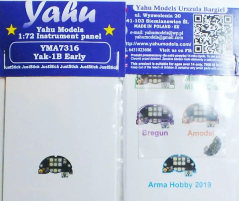 1/72 Yak-1B Early Photoetch Set For Arma Hobby Aircraft By YMA7316 packaging with instrument panel details