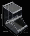 Clear Acrylic Hamster Pellet Feeder With Secure Cage Mount And Scatter Control Baffle, dimensions 14cm x 12.5cm x 7cm.