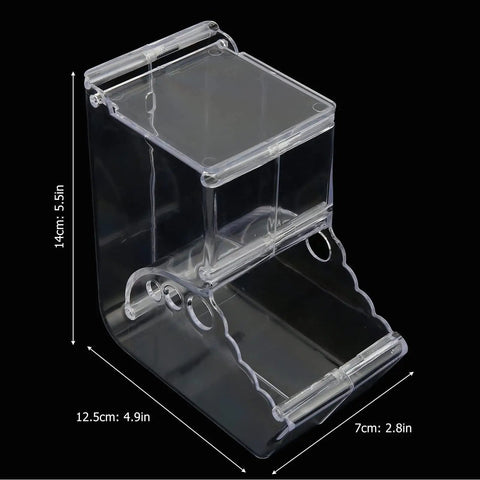 Clear Acrylic Hamster Pellet Feeder With Secure Cage Mount And Scatter Control Baffle, dimensions 14cm x 12.5cm x 7cm.
