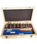 Open box of CNC Keyway Broaches Set For Milling Machines 18 Piece High Speed Steel Broaching Toolkit with bushings and shims.