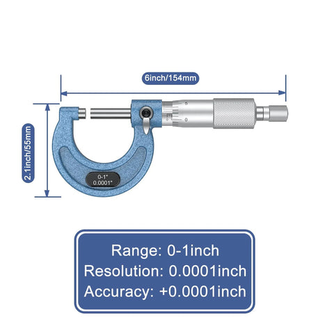 Outside Micrometer 0-1 Inch with 0.0001 Inch Graduation Alloy Precision Machinist Tool Set with Case shown with measurements