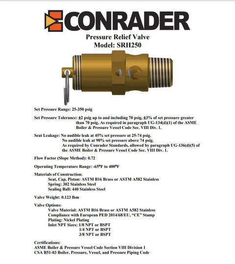 Front view of brass 1/8 NPT industrial hard-seat safety pressure relief valve with threaded ends