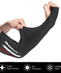 Premium Ice Silk Cooling Arm Sleeves Straight Up Deliver Street Style Appeal With A Classic USA Flag Motif That Keeps Your Forearms Chill Plus Ultraviolet Protection, showcasing a hand stretching the black sleeve.