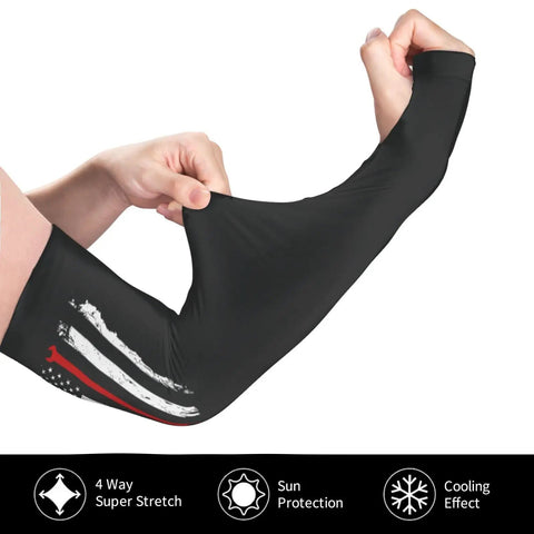 Premium Ice Silk Cooling Arm Sleeves Straight Up Deliver Street Style Appeal With A Classic USA Flag Motif That Keeps Your Forearms Chill Plus Ultraviolet Protection, showcasing a hand stretching the black sleeve.
