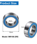 10 Pack MR106-2RS Deep Groove Ball Bearings 6x10x3mm with blue double rubber seal displaying size specifications.