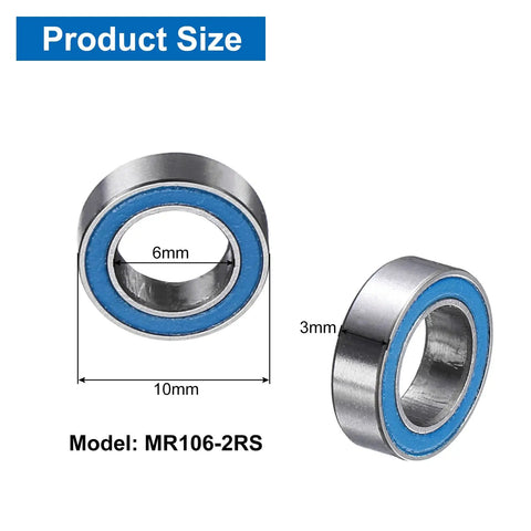 10 Pack MR106-2RS Deep Groove Ball Bearings 6x10x3mm with blue double rubber seal displaying size specifications.