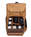Canvas Leather Retro Camera Bag Waterproof SLR Backpack For Travel And Photography open with camera gear compartments visible