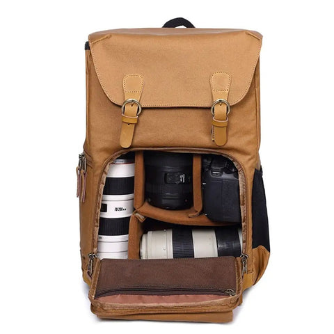 Canvas Leather Retro Camera Bag Waterproof SLR Backpack For Travel And Photography open with camera gear compartments visible