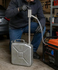 Person using Hand Operated Manual Fluid Transfer Pump Stainless Steel Portable Siphon for Gas, Oil and Water in garage.