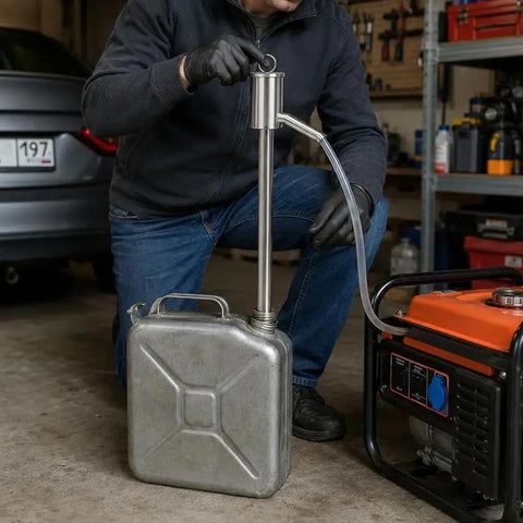 Person using Hand Operated Manual Fluid Transfer Pump Stainless Steel Portable Siphon for Gas, Oil and Water in garage.