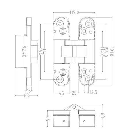 Wood Door Invisible Concealed Hinge Adjustable 180 Degree Stainless Steel Hidden Hinge dimensions diagram