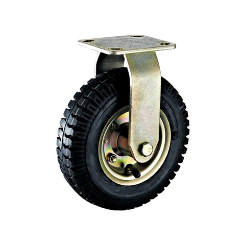 Eight Inch Pneumatic Caster Wheel Equipped With Silent Rubber Tires For Flatbed Trolley Replacement Heavy Duty Swivel Casters mounted on a metal bracket.