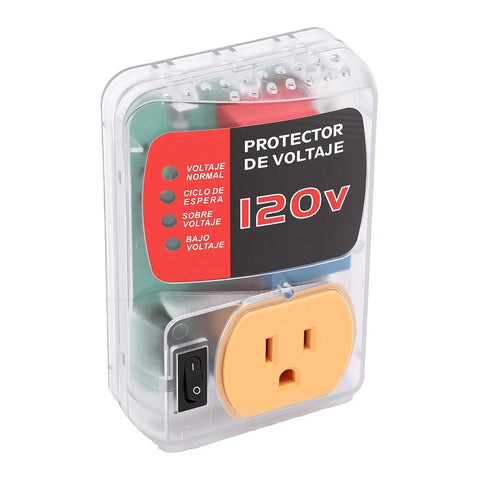 Heavy Duty Automatic Voltage Protector With Over And Under Voltage Cutoff Surge Shield For Fridge And AC And Home Electronics, plastic casing with indicators.