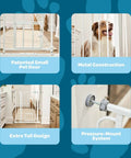Collage of extra tall walk through dog gate for doorways and stairs metal pet gate with small pet door expands from twenty nine and a half to thirty six and a half inches white secure indoor barrier for big and jumpy dogs, showing pet door, metal construction, extra tall design, and pressure-mount system.