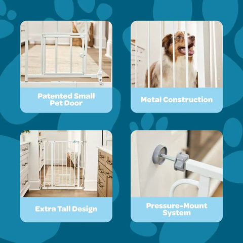 Collage of extra tall walk through dog gate for doorways and stairs metal pet gate with small pet door expands from twenty nine and a half to thirty six and a half inches white secure indoor barrier for big and jumpy dogs, showing pet door, metal construction, extra tall design, and pressure-mount system.