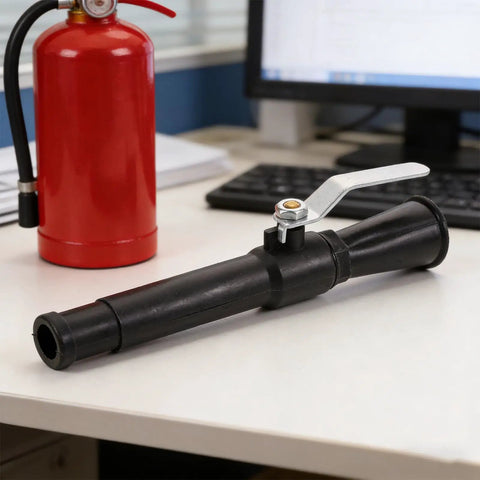 Hardcore Fire Extinguisher Nozzle Two Piece Set Slick Spray Hose Attachment Pro Grade Commercial Firefighting Accessory on desk