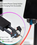 Metal Portable Monitor Stand Tripod With 360 Degree Ball Head Phone And Tablet Clamp showing cable compatibility.