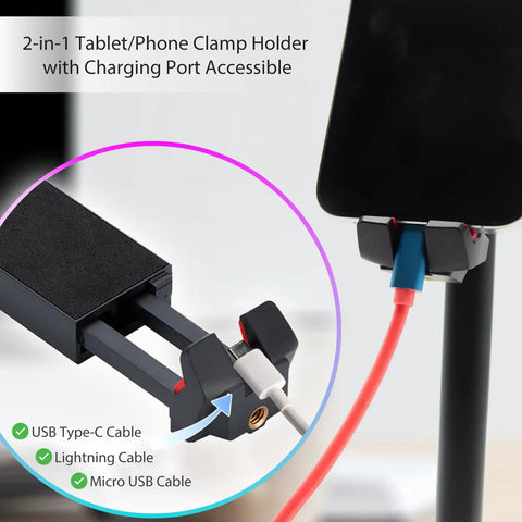 Metal Portable Monitor Stand Tripod With 360 Degree Ball Head Phone And Tablet Clamp showing cable compatibility.