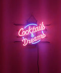 Real Glass Neon Light Sign For Home Bar And Pub Vibe, 17x14 Inch Wall Mount Neon Tube Sign, "Cocktails & Dreams" glowing text.