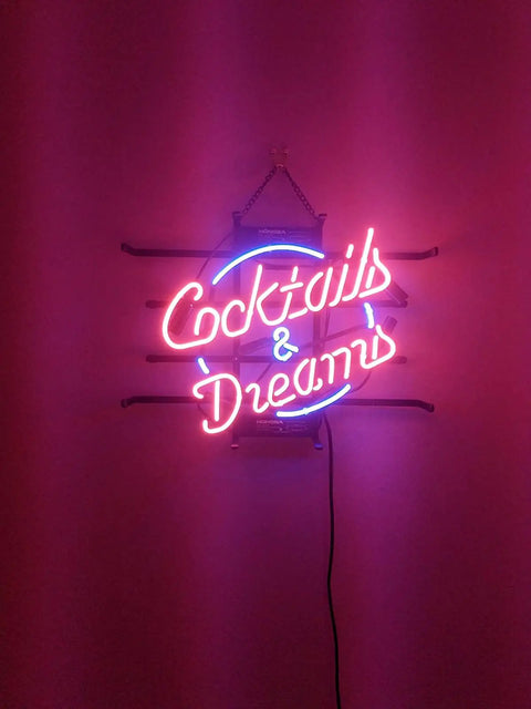 Real Glass Neon Light Sign For Home Bar And Pub Vibe, 17x14 Inch Wall Mount Neon Tube Sign, "Cocktails & Dreams" glowing text.