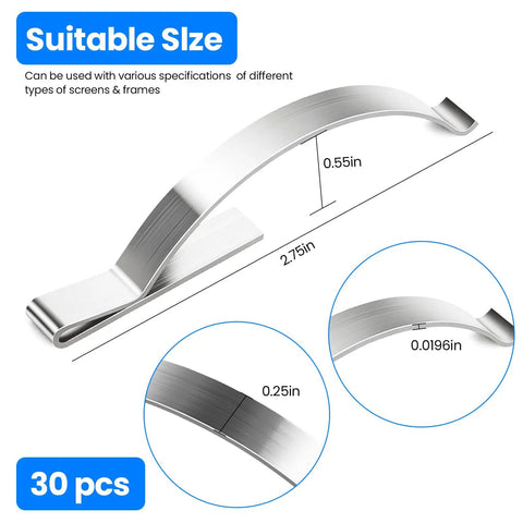 30 Pack Stainless Steel Window Screen Clips Heavy Duty Tough As Nails Rust And Corrosion Proof Screen Retainer Tension Clips 69mm By 6.4mm Replacement Hardware For Aluminum Window Screens And Door Installations, shown with size measurements