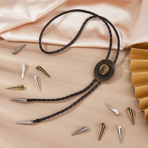12 Piece Alloy Bolo Tie Cord End Caps Set in Three Colors, Vintage Cowboy Style Tips, 3 cm Long With 4 mm Inner Diameter for DIY Jewelry Making, Necklaces, Neckties, and Craft End Caps. Alloy bolo tie cord ends on black braided cord