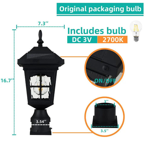Solar Post Light Outdoor Waterproof With 3 Point 5 Inch Pier Mount Base Matte Black Solar Powered LED Post Lamp dimensions.